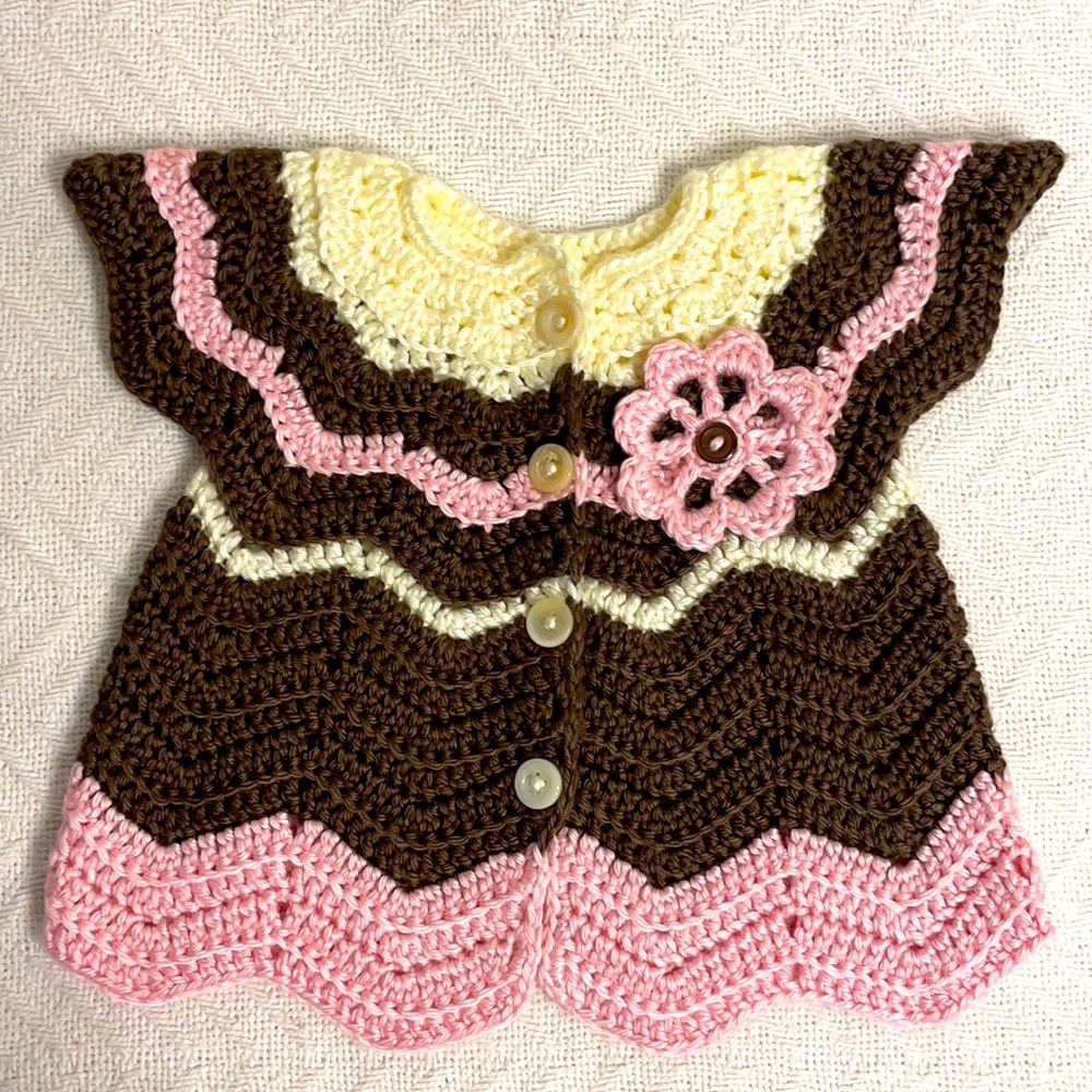 Handmade Baby Girl Sweater / Dress Cream Brown Pink White Crochet Knit , 0-3M